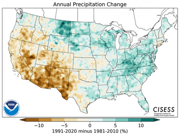 Map of the US and annual precipitation change