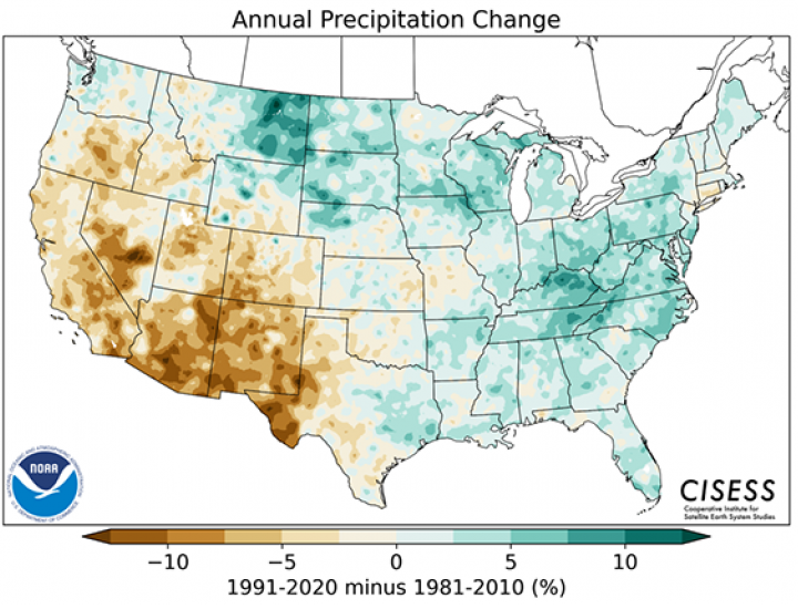 Map of the US and annual precipitation change